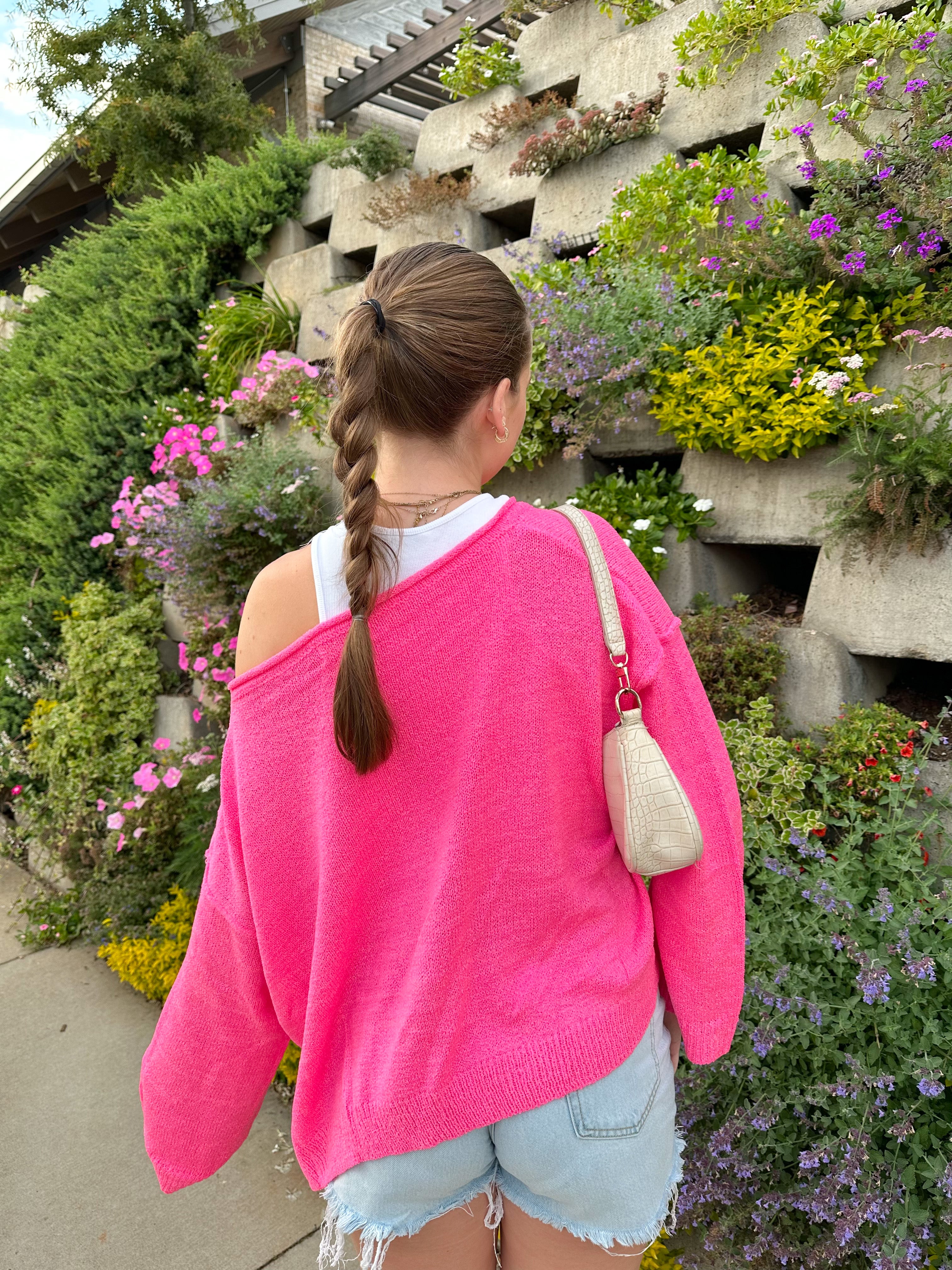 Hot pink off on sale the shoulder sweater