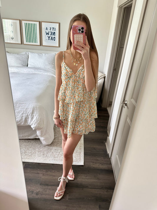 Lovers Lane Tiered Mini Dress in Tangerine
